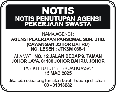 Notis Penutupan Agensi Pekerjaan Swasta